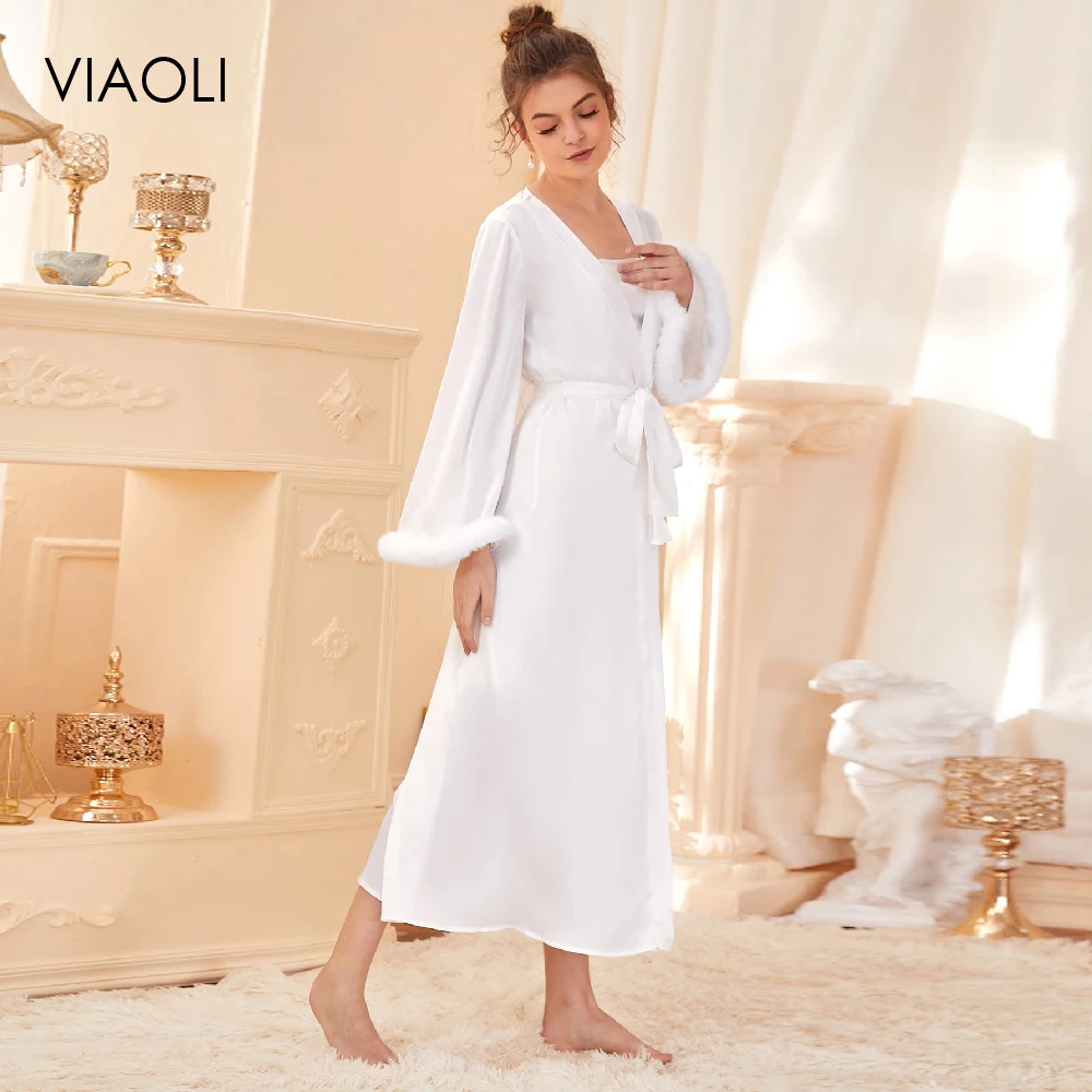 

White Sleepwear Women's pajamas Home suit Robe Pijama Sleep Suit Satin Two-piece Set pajamas for women Long Sleeve Pajamas 2021