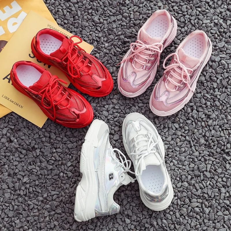 2019 женские кроссовки на толстой подошве сезон весна осень сетчатая дышащая обувь