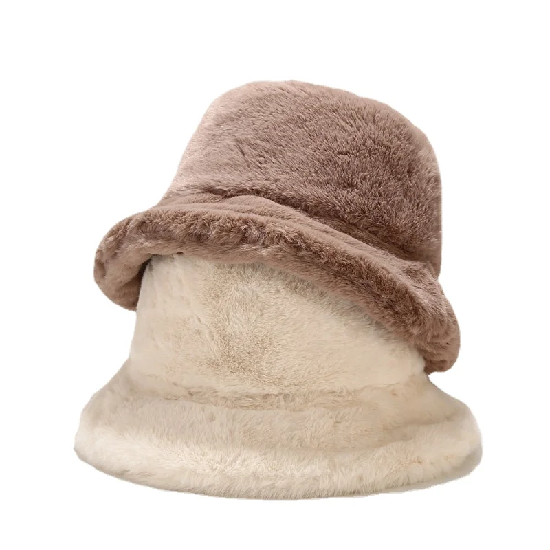 

Winter Bucket Hats Solid Outdoor Warm Men Women Panama Hat Thickened Soft Faux Fur Rabbit Fisherman Cap