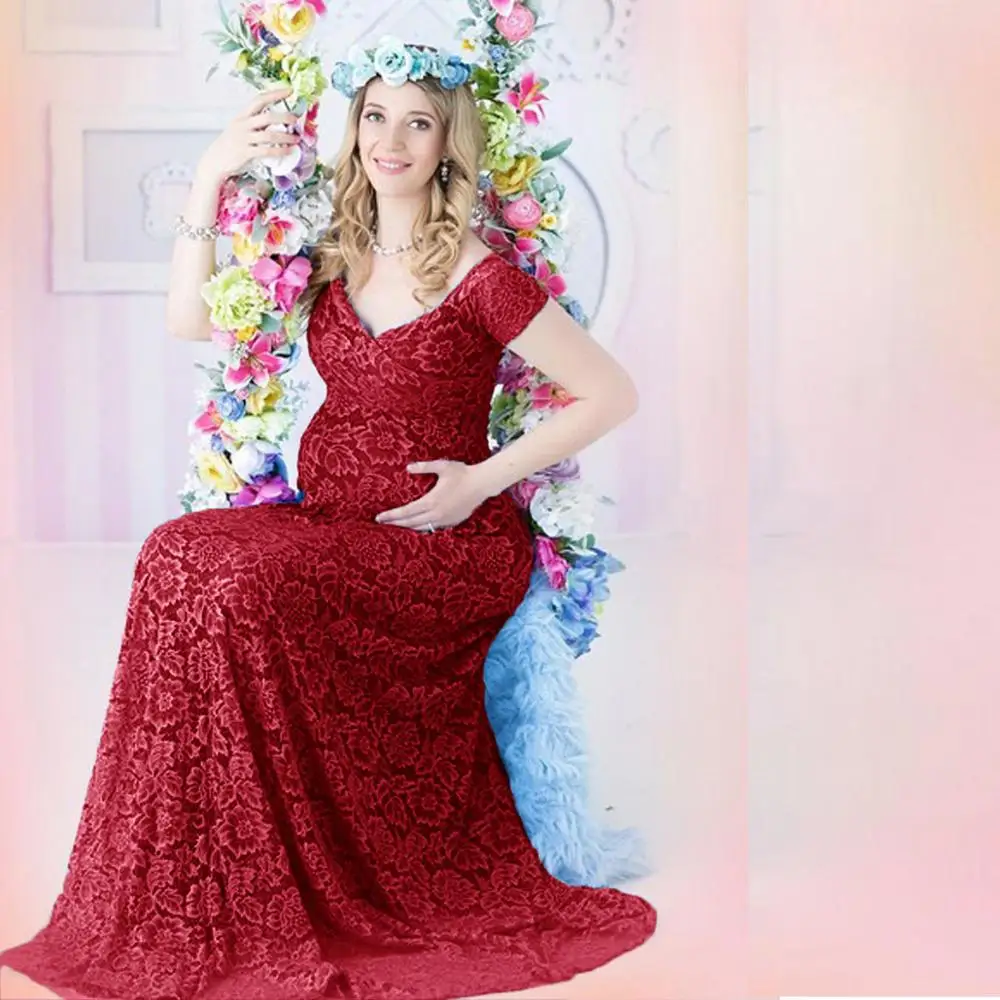 

Fashion Lace Trailing Maternity Dress for Photo Shoot Maxi Maternity Gown Short Sleeves Fancy Women Maternity Photography Props