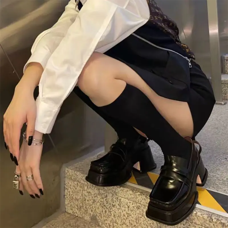 

Internet Celebrity Style Shoes 2021 New All-Match Platform Shoes British Retro Square-Toe Black Big Head Leather Shoes Women