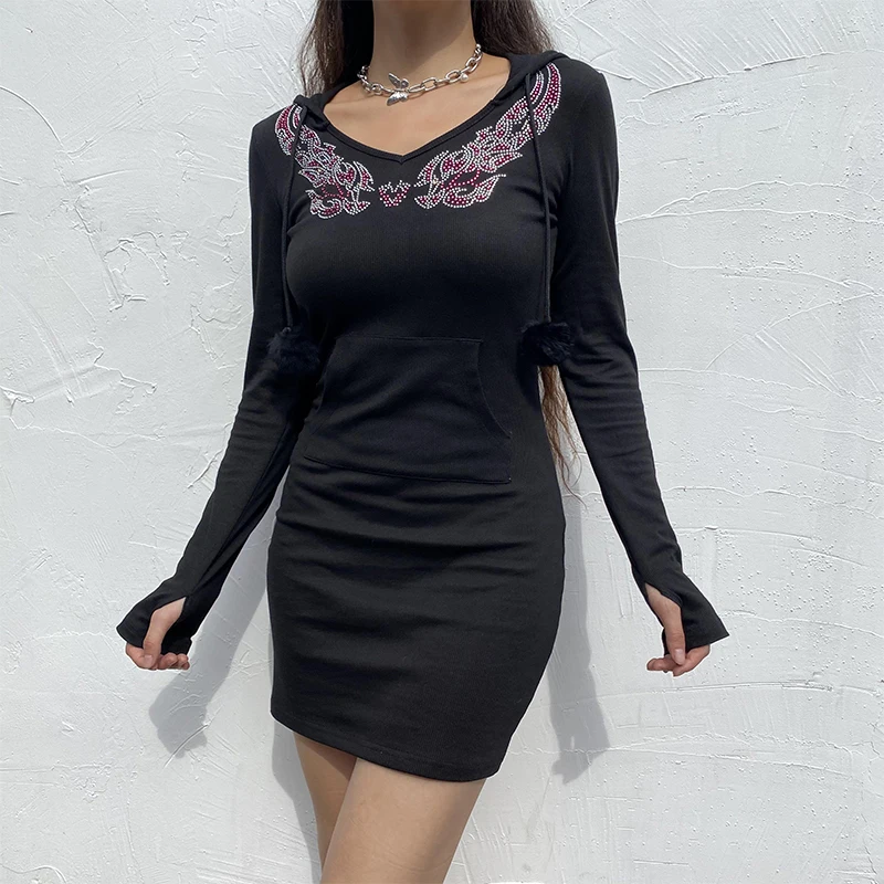 

Autumn Women's Long Sleeve Dress Female Rhinestones V-Neck Skinny Sexy Hooded Dresses