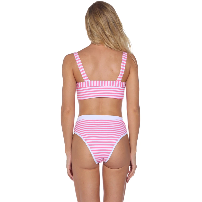 

New Sexy Striped Print Swimsuit V Splice Swimwear Fixed Straps Beachwear S-XL Girl High Waist Bathing Suit Pullover Bikini Set