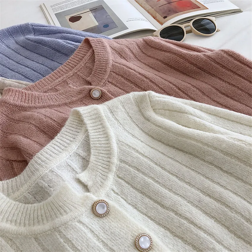 Korean Fashion Chic Solid Elegant Sweater Cardigan Women O-Neck Knitted Coat Short Outwear Cropped |