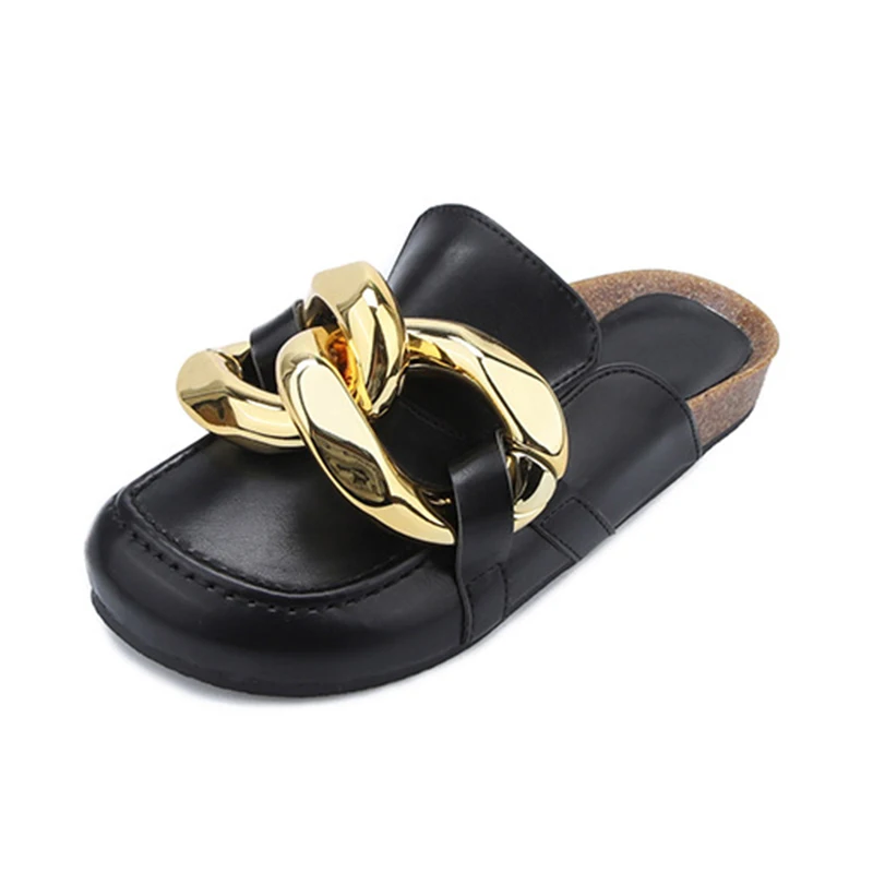 

Leather Summer Slippers for Women Shoes Metal Chain Home Slippers Women 2021 Flat Beach Shoes Woman Heels Designer Sandals New