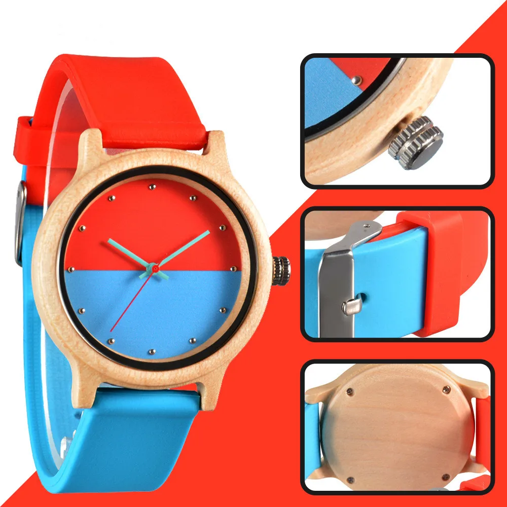 

Fashion Elengent Colorful Wood Watches for Women Ladies Wooden Watch Silicone Quartz Wristwatches Great Gift Wrist Watch