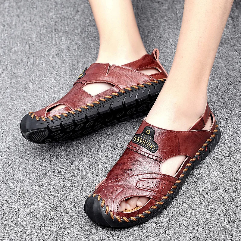 

NEW Men Leather Beach Sandals Summer Outdoor Shoes for Male Hollow Breathable Handmade Casual Sneakers Slip On Walking Footwear