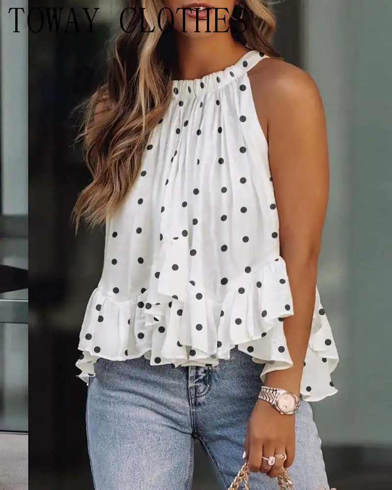 

Summer Women Polkadot Print Layered Ruffles Sleeveless Top