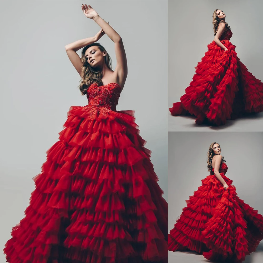 

Elegant Red Mulitlayered Ruffles Sleeveless Floor Length Nightgowns Robes Graceful Sleepwear Custom Made Evening Dress