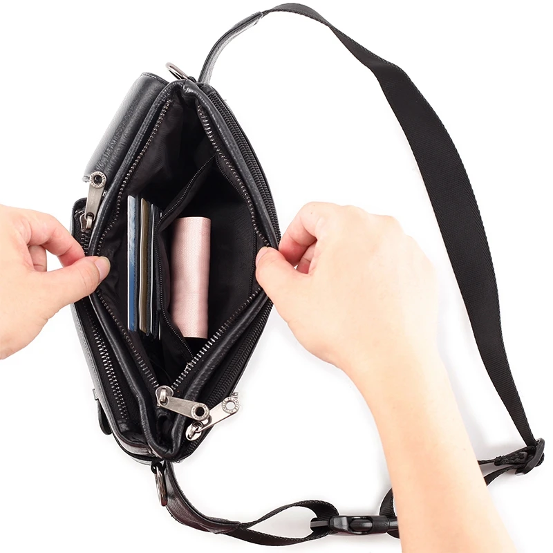 

PI UNCLE Brand Men's Leather Waist Bag Multi-Function Shoulder Messenger Bag Chest Bag Leisure Mobile Phone ID Bag Black
