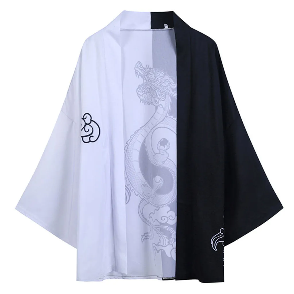 

Summer Casual Daily Japanese Seven-quarter Sleeves Dragon Print Kimono Taoist Robe Men Cloak Comfortable Loose Shirts