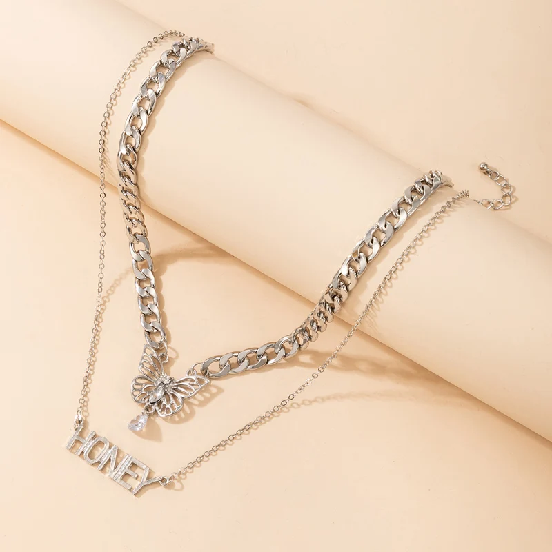 

HuangTang Bohemian Butterfly Pendant Necklace for Women Silver Color Metal Letter Honey Clavicle Chain Charmings Jewelry Collar