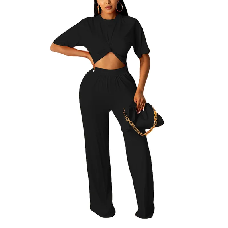 

2021 Best Quality Famous Brand 2 Pcs Women Set Solid O-neck Short Sleeve Short Tops Straight Long Pants Casual Outfits