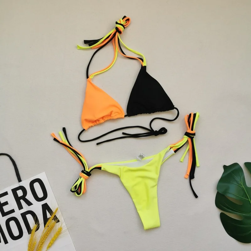

2021 New Thin Strap Bikini Solid Color Swimsuit Sexy Polyester Split Swimming Suit