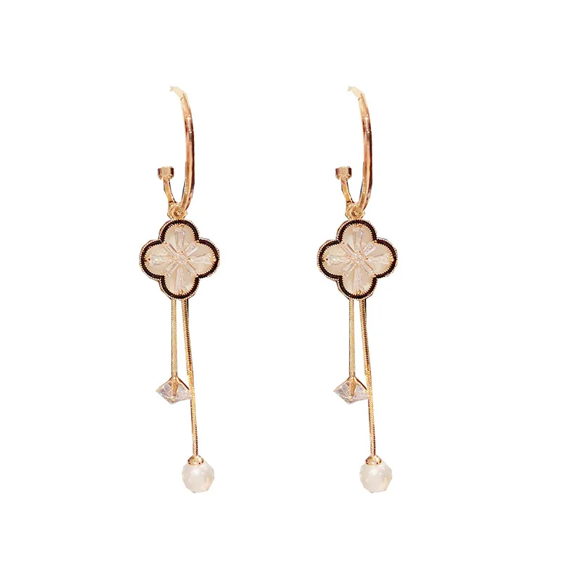 

New Fine Copper 14k Gold Plated Exquisite White Shell Clover Drop Earring Elegant Zircon Dangle Earring S925 Needle OL Jewelry