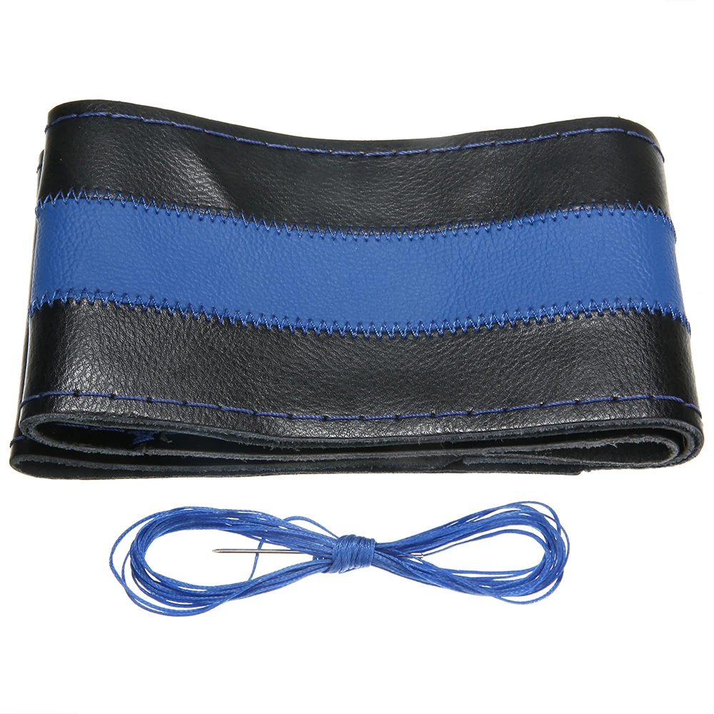 1PC Black+Blue DIY Car Steering Wheel Cover Genuine Leather Covering 38cm W/ Needles Thread For Auto Decorative Accessories | Автомобили и