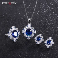 vintage sapphire gemstone high carbon diamond pendant necklace stud earrings ring wedding jewelry set for women anniversary gift