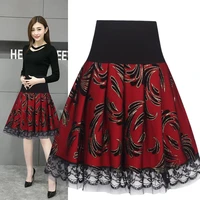 2022 summer high waist pleated skirts women vintage black printing stitching lace midi skirt large size faldas largas mujer l22