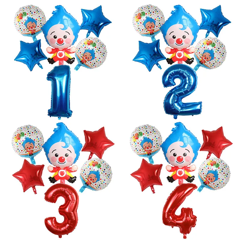

6pcs Cartoon Clown Plim Clown Foil Balloons Set 30inch Number Air Globos Children Happy Birthday Party Decorations Kids Toy Gift