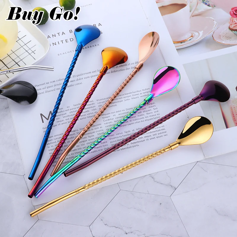 1PC Long Big Twisted Straw Spoon Portable Gold Tea Scoop Reusable Colored Stainless Steel Straws Cocktail Coffee Stirring | Дом и сад