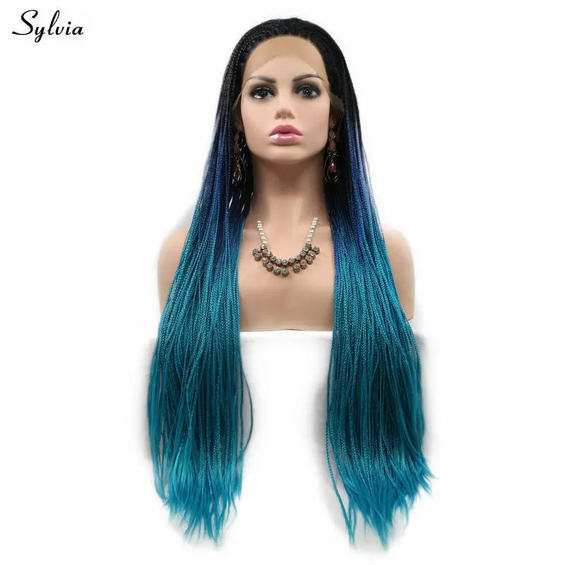 Сильвия черные корни Омбре коричневый/темно синий/желтый блонд кружева спереди