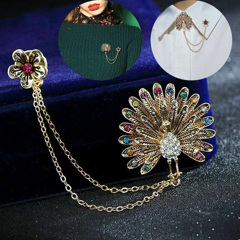

New Vintage Rhinestone Peacock Brooches For Women Large Retro Animal Pin Luxury Fashion Double-layer Chain Brooch Party Jewelry