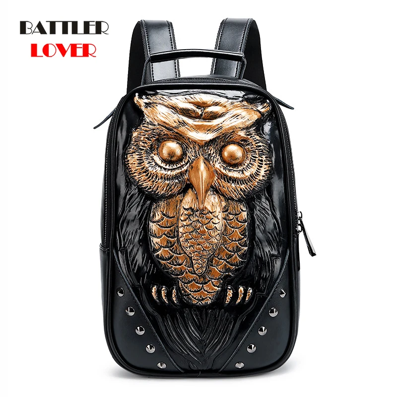 

New Animal Cool Women 3D Owl Small Backpack Genuine Leather High Quality Ladies Back Pack Purse Cute Black Daypack for Girls