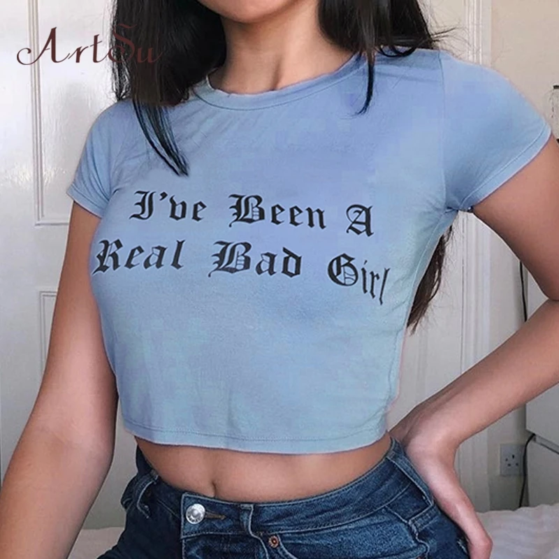 ArtSu женская футболка с короткими рукавами принтом букв синий хлопок повседневная