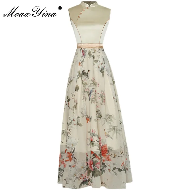 

Женское шифоновое платье MoaaYina, летнее винтажное праздничное платье-миди с воротником-стойкой, без рукавов, с цветочным принтом