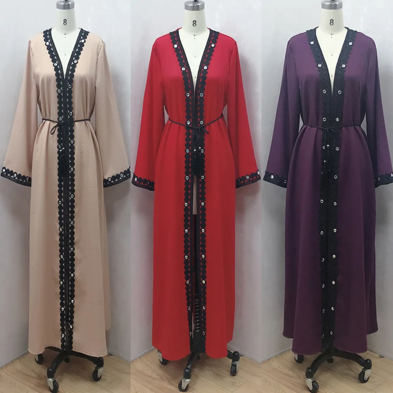 

Spring New Muslim Abaya Dress Women Lace-up Dubai Arab Embroidery Diamond Kaftan Hijab Dresses Turkish Musulman Islamic Clothing