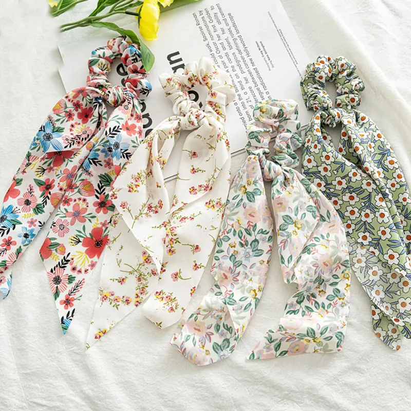 

Elegant Ladies Hair Scrunchies Women Bohemian Floral Printed Ribbon Bow Hair Ropes Elastic Hair Band Hair Rings Ponytail Holder