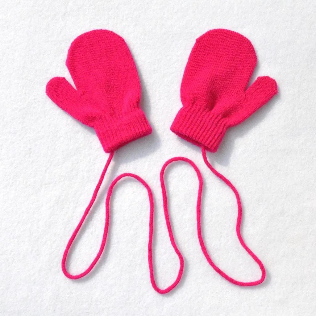 Hot Pink Детские Зимние перчатки для мальчиков и девочек; теплые однотонные вязаные перчатки; милые детские перчатки с завязками; 6 цветов; варежки; вязаные перчатки - Цвет: Hot Pink