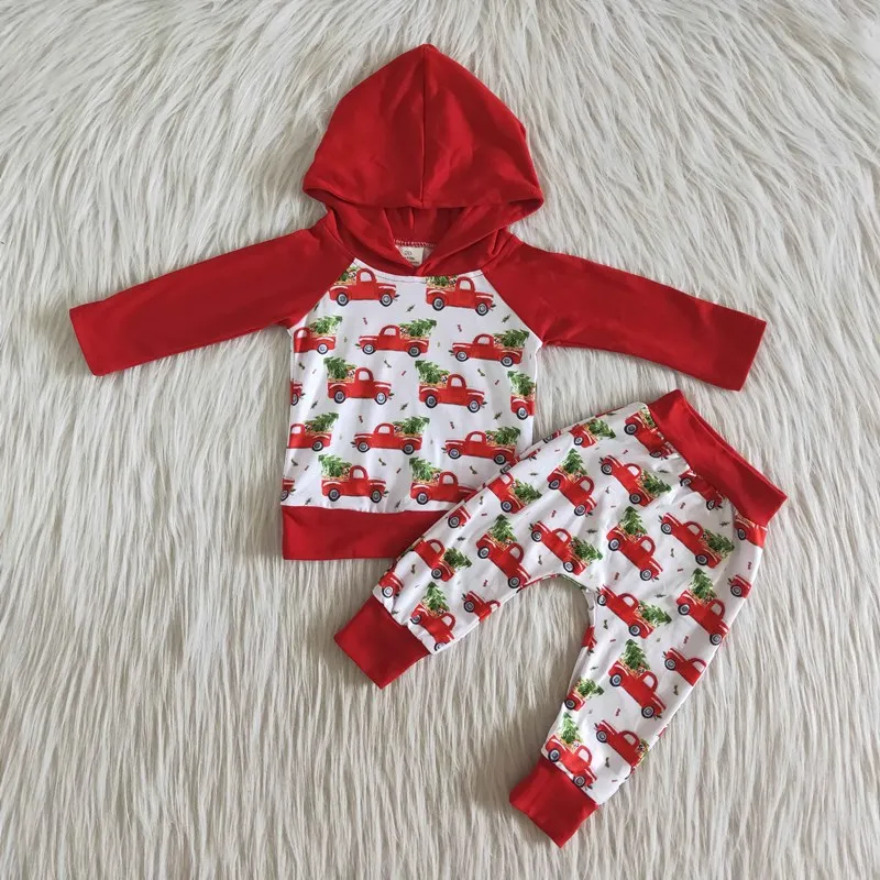 

Kids Boys Fashion Christmas Boutique Outfit Red Long Sleeve Hoodie Top Pants X-mas Tree 2 Pcs Winter Clothing