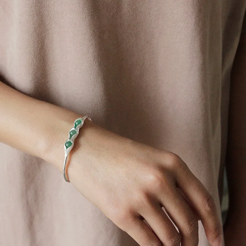 

Unique Gift Simple Fashion Bracelet Christmas Gift Personalized Jewelry Inlaid Jade S925 Sterling Silver Female Open Bracelet