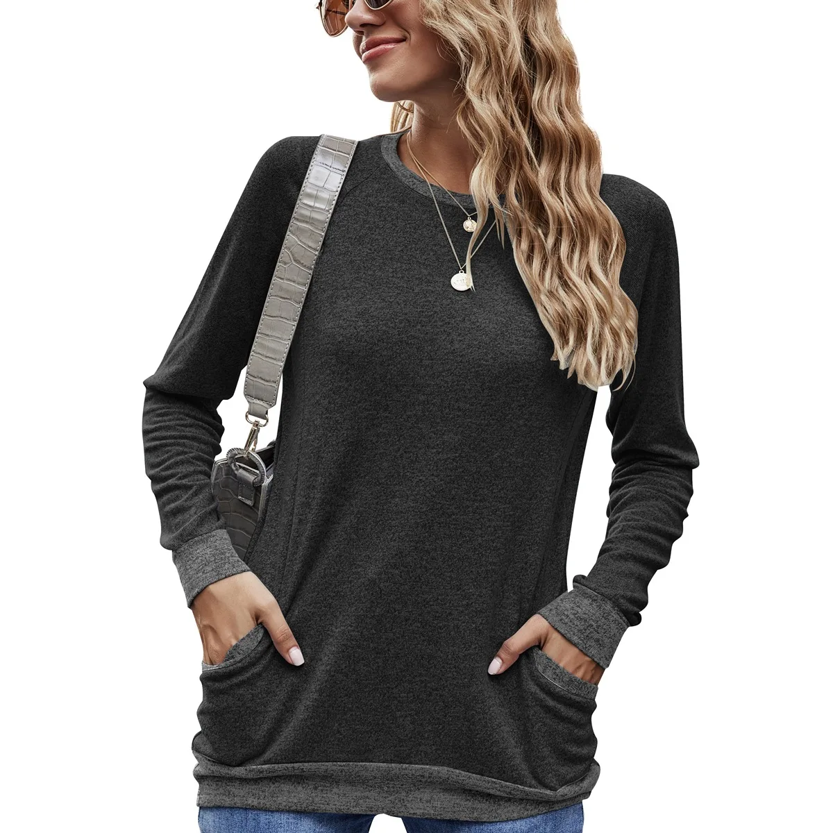 

Kalenmos 2021 Spring New Hit Color Pocket Long-sleeved Women's Tshirt Round Neck Pullover Sweatshirt Casual Tie Loose Tops
