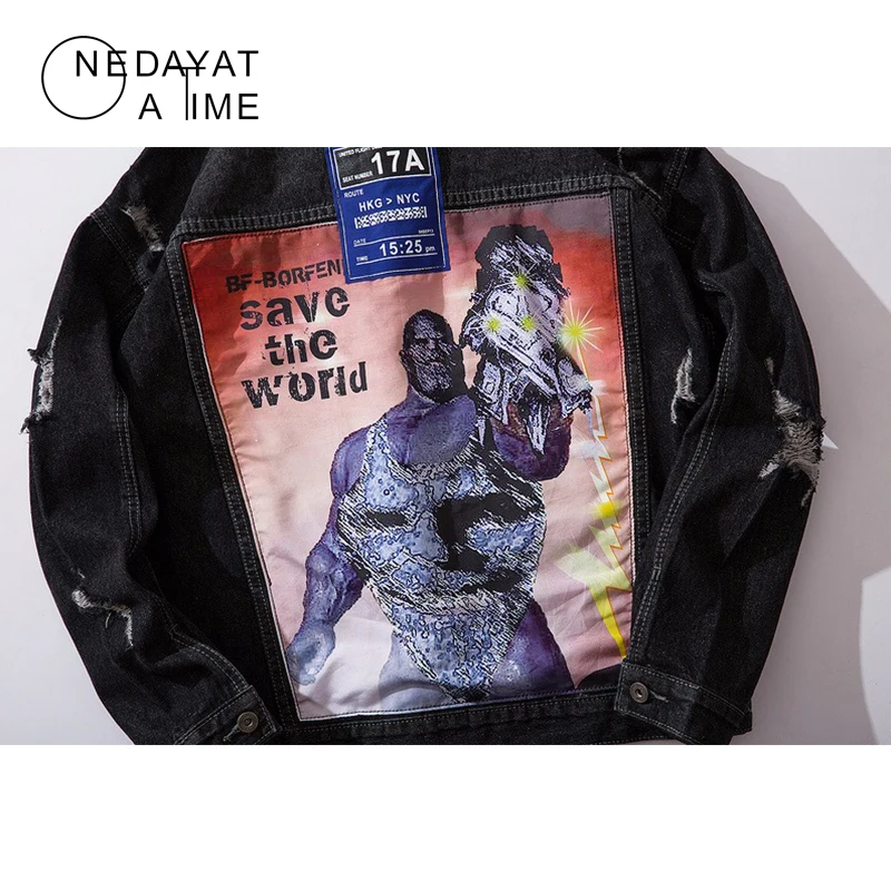 

Creative Graffiti Printed Denim Jackets Streetwear 2019 Hip Hop Casual Patchwork Ripped Distressed Punk Rock Jeans Coats Outwear