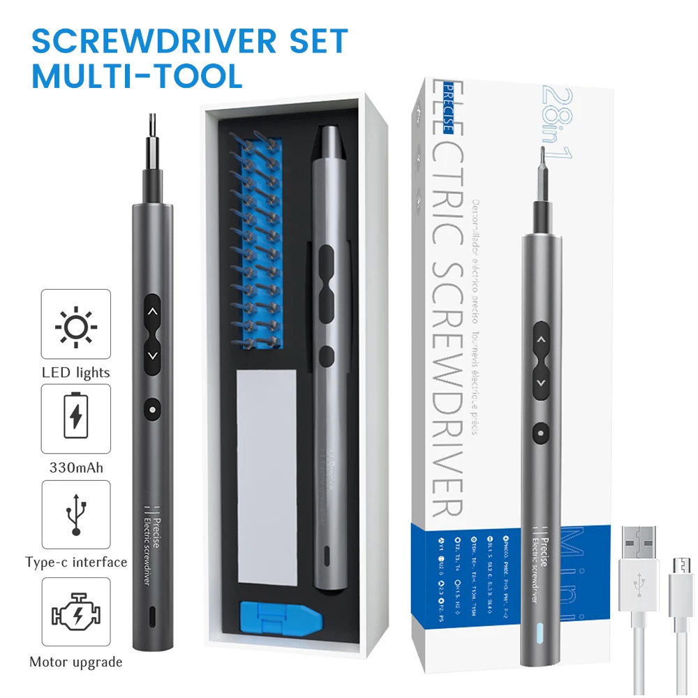 

28 in 1 Precision Electric Screwdriver Set for Phone Laptop Magnetic Multifuctional Screwdriver with LED Light Lithium Battery