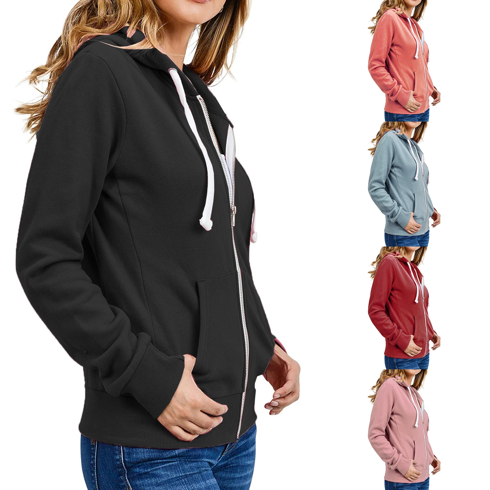 

Hirigin New Fashion Women Hooded Coat Adults Solid Color Long Sleeve Zipper Cardigan with Pocket And Drawstring Casual Coat