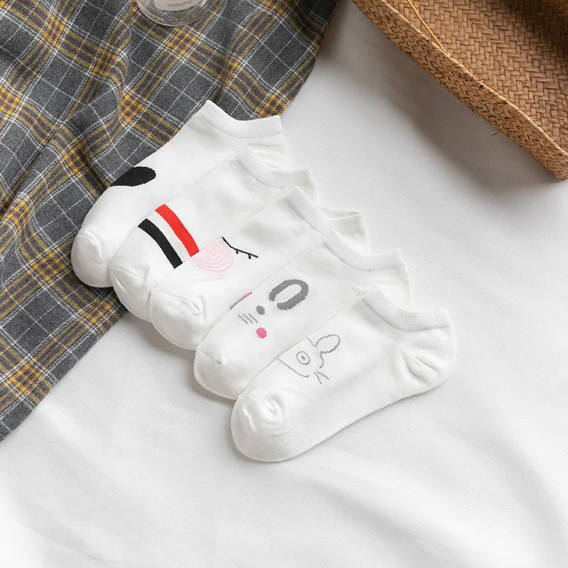 10 шт. = 5 пар/лот простые женские носки с котом дышащие спортивные однотонные белые