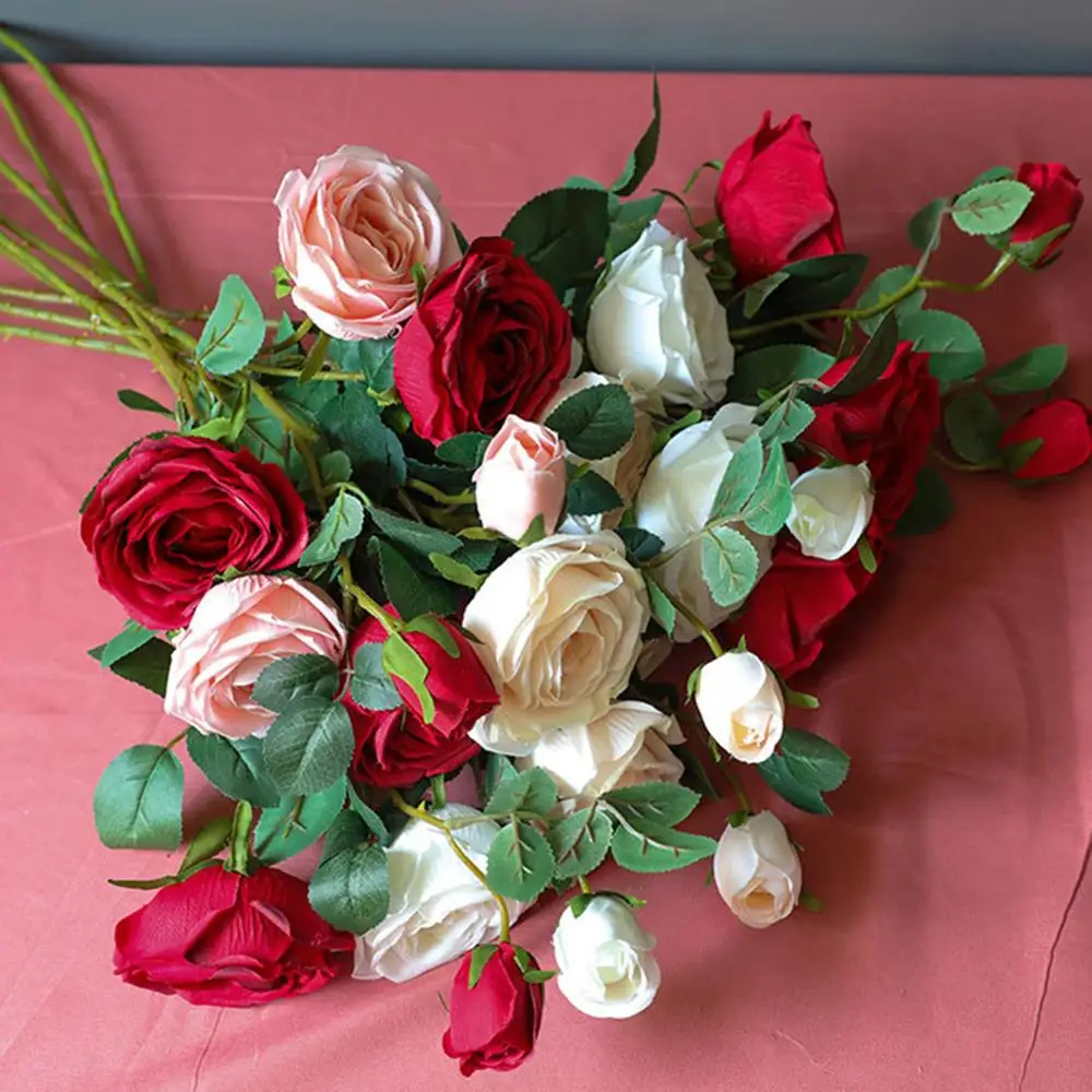 

Fake Silk Rose Artificial Flowers Bouquet 2 Big Head And Bud Flowers For Home Wedding Party Garden Home Table Office Decoration