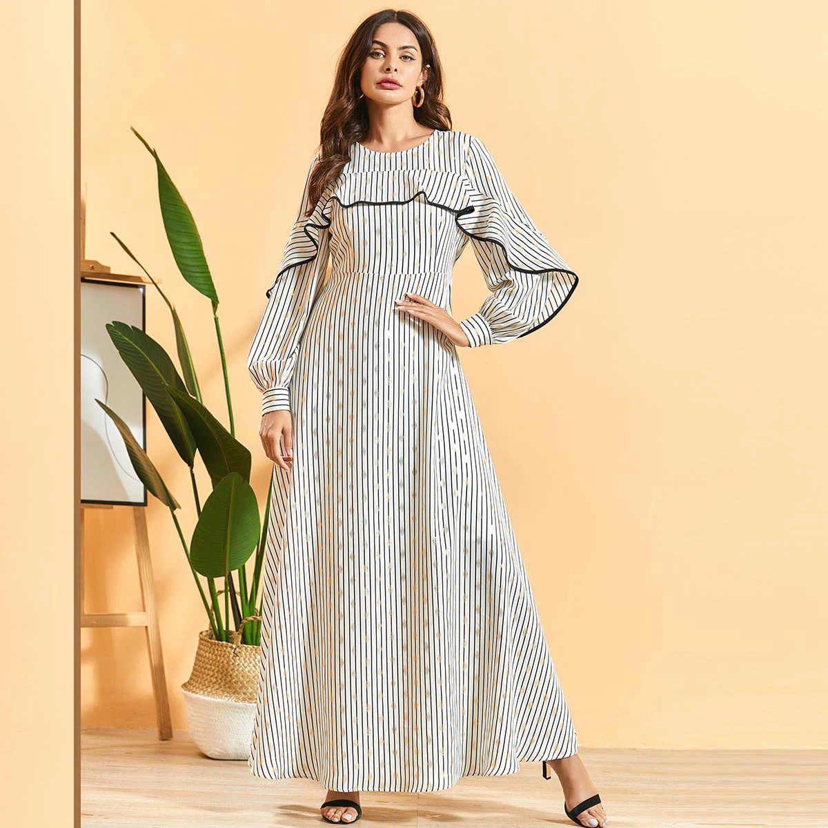 

Muslim dress White striped bronzing print ruffled long-sleeved fashion women's bohemian long skirt Abaya Dubai Dresses
