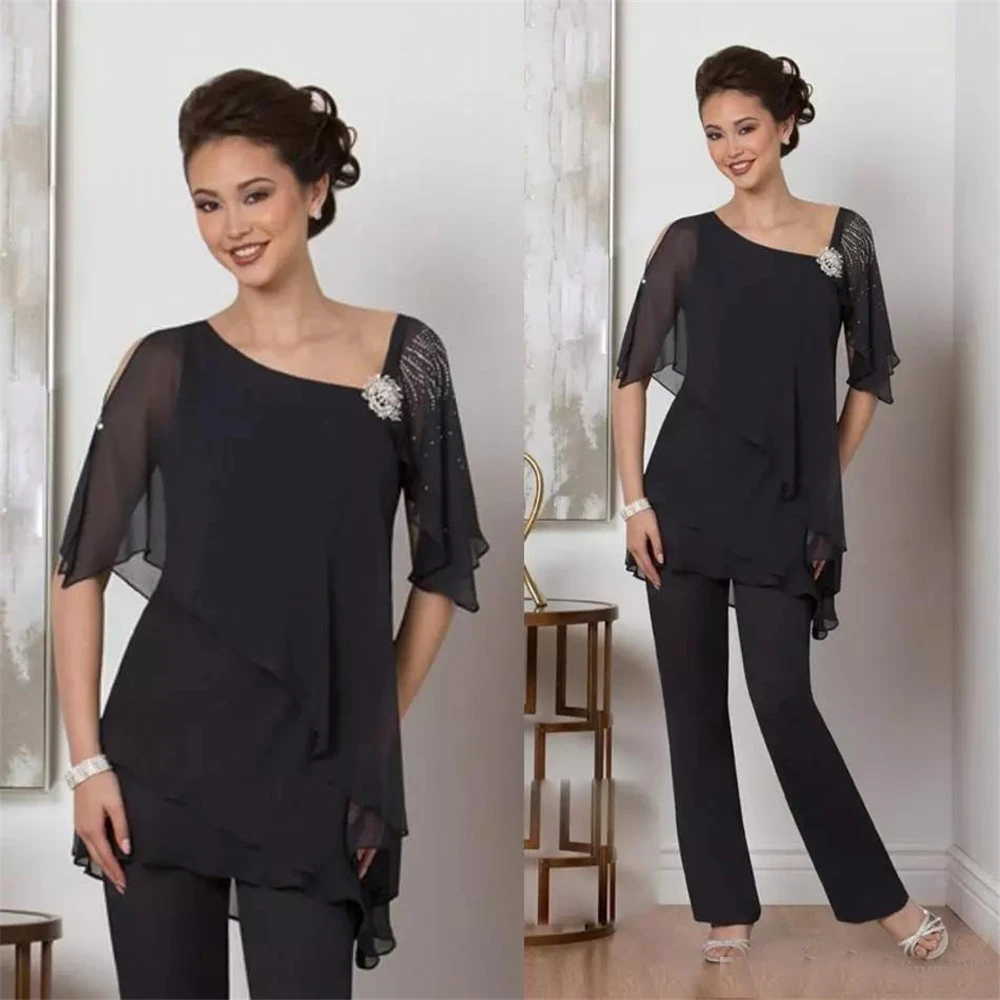 

Black Two Pieces Mother Of The Bride Pant Suits Beaded Wide-Waisted Simple Wedding Guest Dresses Chiffon Plus Size Formal Dress