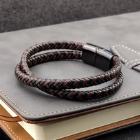 titanium steel bracelet double layer brown black leather braided rope man high quality stainless steel magnetic for women gift