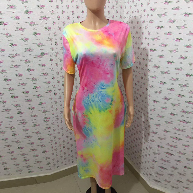 

YUNBBZ Sexy Plus Size Tie Dye Summer Dress Short Sleeve Bodycon Birthday Outfits for Women Club Ladies Dresses Oversized Dress