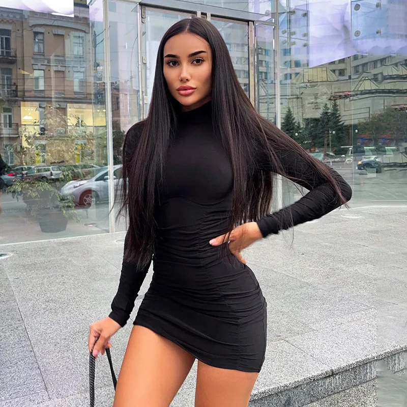 

2021 Autumn Winter Folds Dresses Women Solid Skinny Regular Long Sleeve Vestidos Sexy Wrap Hip Slim Fashion Female Dress Robes
