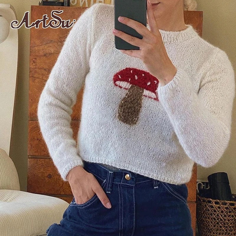 

Artsu G Mushroom Print Kawaii Pullover Sweaters Women Crewneck Long Sleeve Autumn Jumpers Cropped Knitted Pullovers