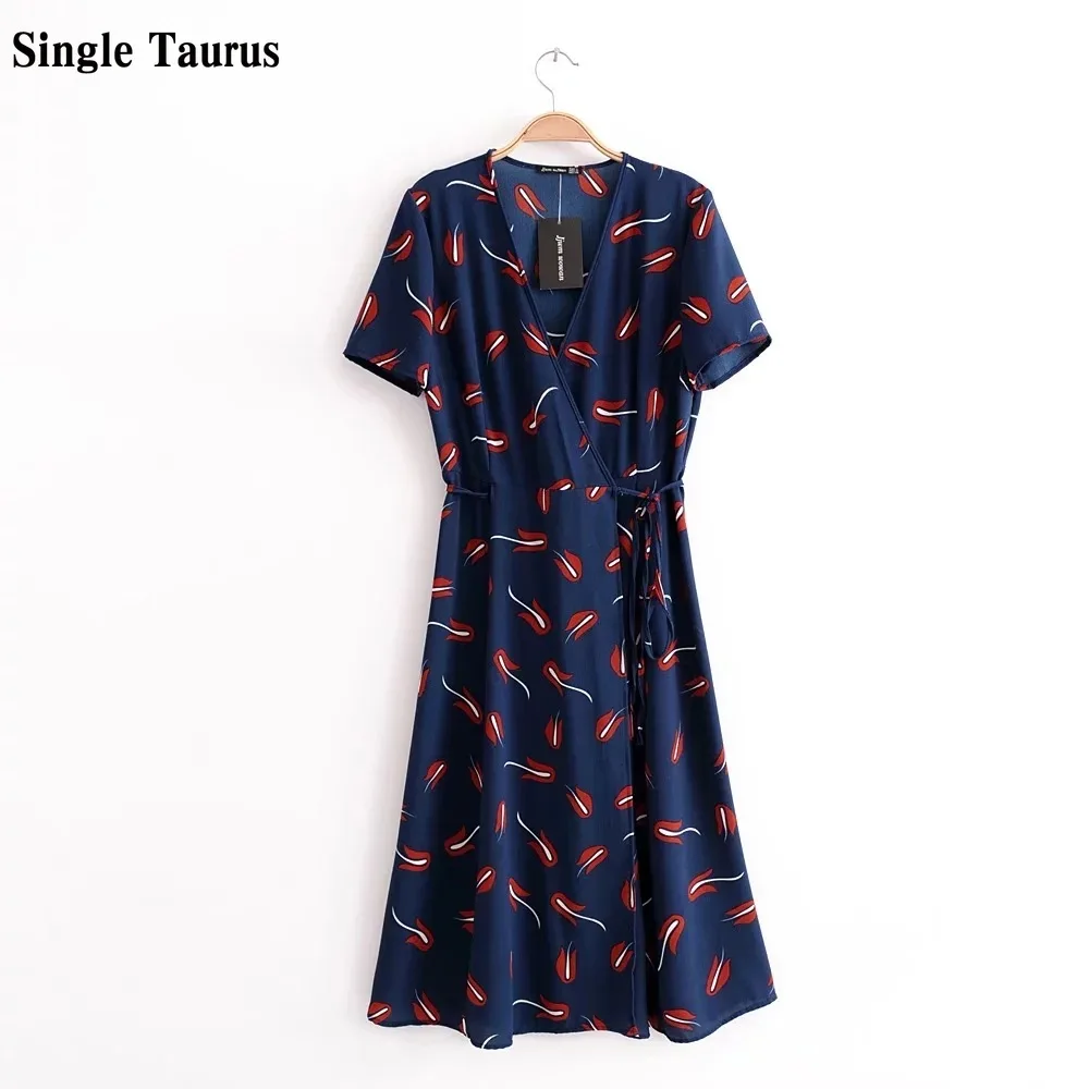 

Sapphire Blue Dress Women High Waist V Neck Cross Side Strap Beach Summer Dress Short Sleeve Print Ladies Elegant Dress Sukienki