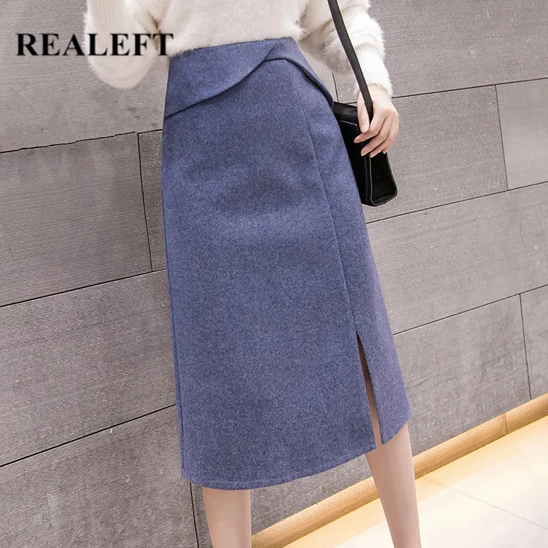 REALEFT Новинка Осень Зима шерстяные до колена трапециевидные юбки с высокой талией