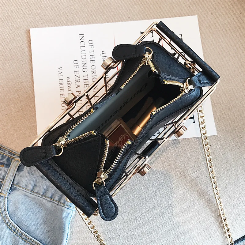 New All-Match Metal Frame leather Handbags Personality Bird Cage Crossbody Bags Women Casual Motorcycle Bag Iron Basket Handbag | Багаж и