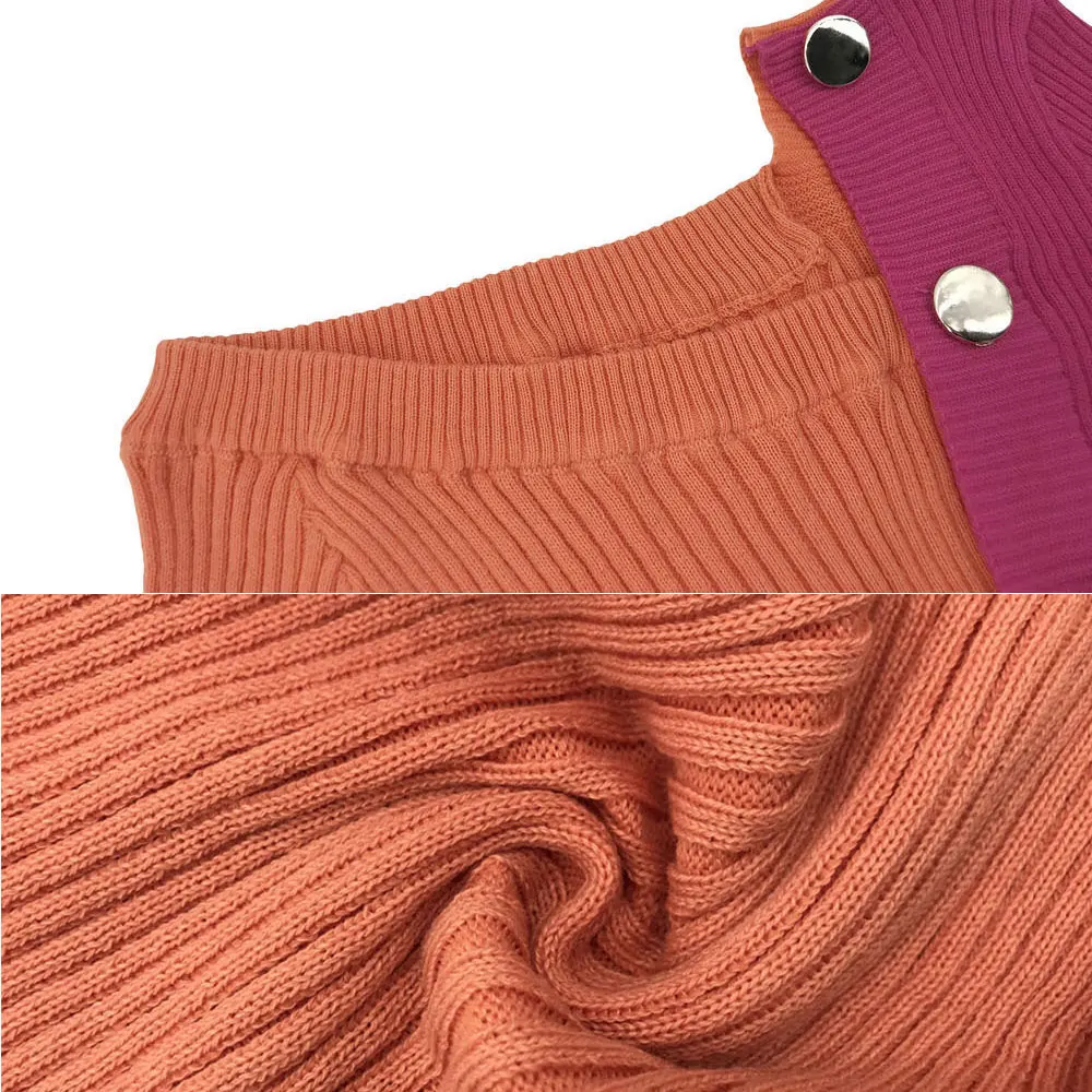 

Casual Patchwork Pullover Knitted Sweater Women Off Shoulder Buttons Bodycon Woman Sweaters Winter Jumper Female Elegant Tops